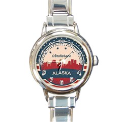 Retro Anchorage Alaska Skyline Round Italian Charm Watch by Bigfootshirtshop