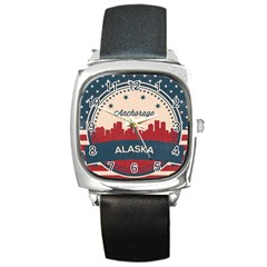 Retro Anchorage Alaska Skyline Square Metal Watch by Bigfootshirtshop