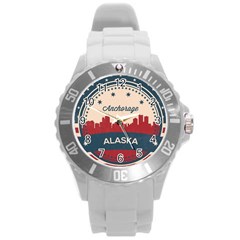 Retro Anchorage Alaska Skyline Round Plastic Sport Watch (l) by Bigfootshirtshop