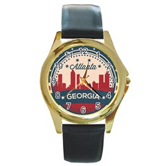 Retro Atlanta Georgia Skyline Round Gold Metal Watch by Bigfootshirtshop