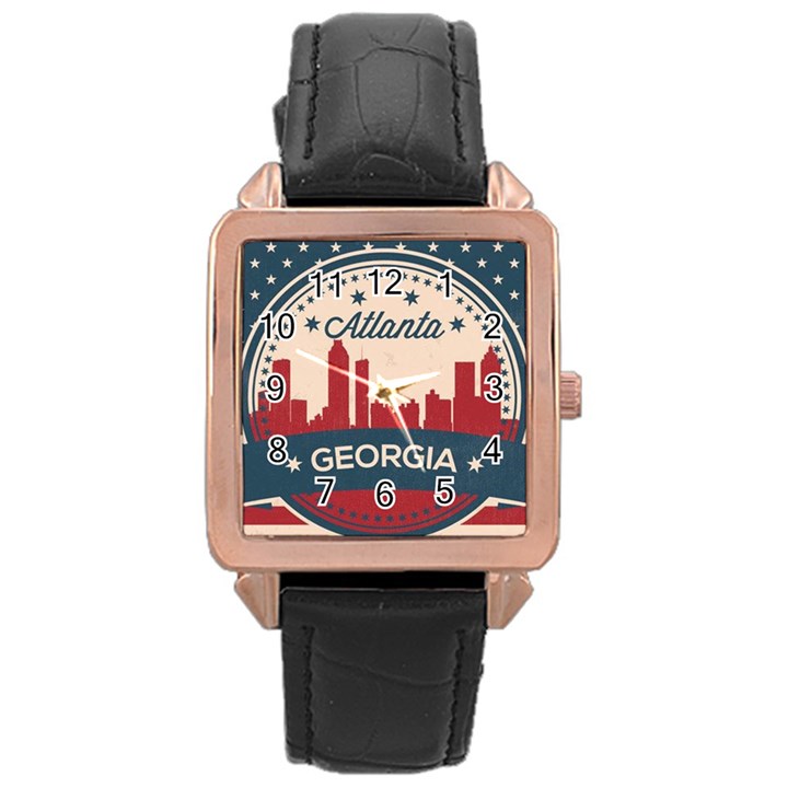 Retro Atlanta Georgia Skyline Rose Gold Leather Watch 