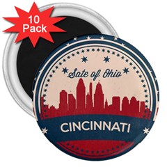 Retro Cincinnati Ohio Skyline 3  Magnets (10 Pack)  by Bigfootshirtshop