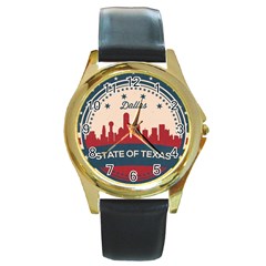 Retro Dallas Texas Skyline Round Gold Metal Watch by Bigfootshirtshop