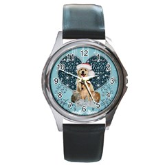 It s Winter And Christmas Time, Cute Kitten And Dogs Round Metal Watch by FantasyWorld7