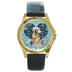 It s Winter And Christmas Time, Cute Kitten And Dogs Round Gold Metal Watch by FantasyWorld7