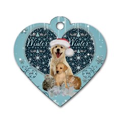 It s Winter And Christmas Time, Cute Kitten And Dogs Dog Tag Heart (one Side) by FantasyWorld7