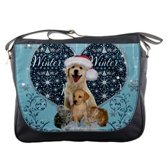 It s Winter And Christmas Time, Cute Kitten And Dogs Messenger Bags by FantasyWorld7