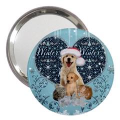 It s Winter And Christmas Time, Cute Kitten And Dogs 3  Handbag Mirrors by FantasyWorld7