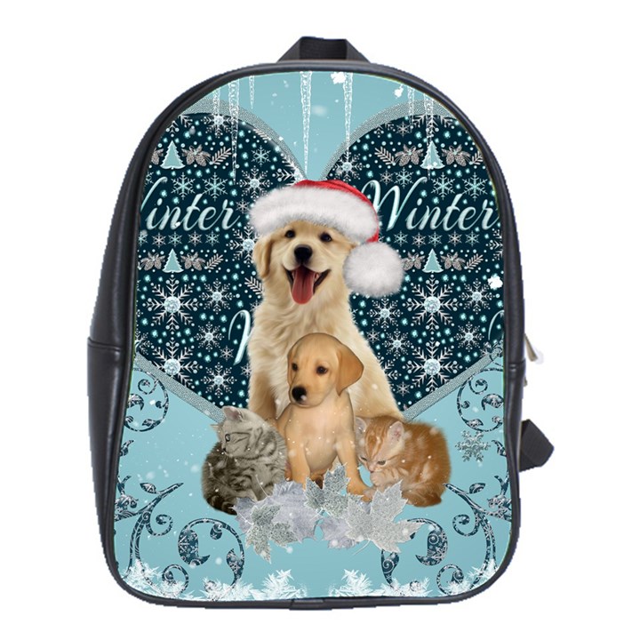 It s winter and christmas time, cute kitten and dogs School Bag (XL)