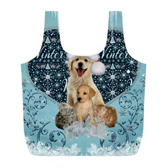 It s Winter And Christmas Time, Cute Kitten And Dogs Full Print Recycle Bags (l)  by FantasyWorld7