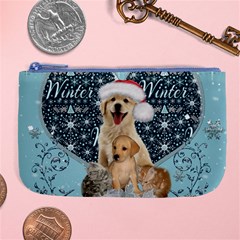 It s Winter And Christmas Time, Cute Kitten And Dogs Large Coin Purse by FantasyWorld7