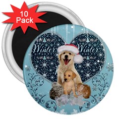 It s Winter And Christmas Time, Cute Kitten And Dogs 3  Magnets (10 Pack)  by FantasyWorld7