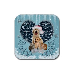 It s Winter And Christmas Time, Cute Kitten And Dogs Rubber Coaster (square)  by FantasyWorld7