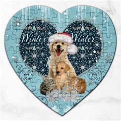 It s Winter And Christmas Time, Cute Kitten And Dogs Jigsaw Puzzle (heart) by FantasyWorld7