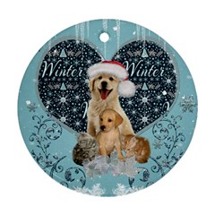 It s Winter And Christmas Time, Cute Kitten And Dogs Round Ornament (two Sides) by FantasyWorld7