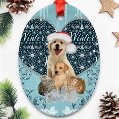 It s Winter And Christmas Time, Cute Kitten And Dogs Oval Ornament (two Sides) by FantasyWorld7