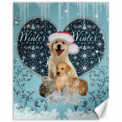 It s Winter And Christmas Time, Cute Kitten And Dogs Canvas 11  X 14   by FantasyWorld7