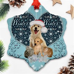 It s Winter And Christmas Time, Cute Kitten And Dogs Ornament (snowflake) by FantasyWorld7