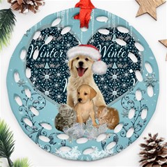 It s Winter And Christmas Time, Cute Kitten And Dogs Round Filigree Ornament (two Sides) by FantasyWorld7