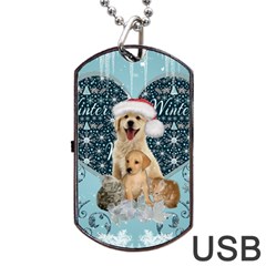 It s Winter And Christmas Time, Cute Kitten And Dogs Dog Tag Usb Flash (one Side) by FantasyWorld7