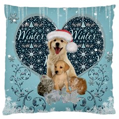 It s Winter And Christmas Time, Cute Kitten And Dogs Large Cushion Case (one Side) by FantasyWorld7