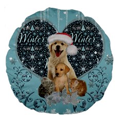 It s Winter And Christmas Time, Cute Kitten And Dogs Large 18  Premium Round Cushions by FantasyWorld7