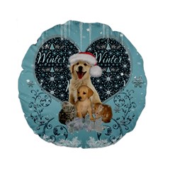 It s Winter And Christmas Time, Cute Kitten And Dogs Standard 15  Premium Flano Round Cushions by FantasyWorld7