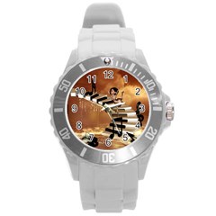 Cute Little Girl Dancing On A Piano Round Plastic Sport Watch (l) by FantasyWorld7