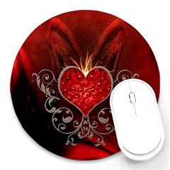 Wonderful Heart With Wings, Decorative Floral Elements Round Mousepads by FantasyWorld7