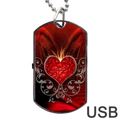 Wonderful Heart With Wings, Decorative Floral Elements Dog Tag Usb Flash (two Sides) by FantasyWorld7