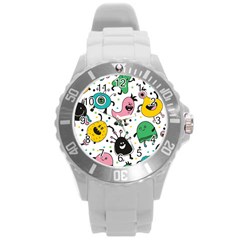 Cute And Fun Monsters Pattern Round Plastic Sport Watch (l) by Bigfootshirtshop