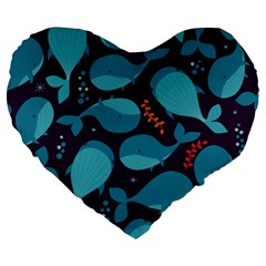 Blue Whale Pattern Large 19  Premium Heart Shape Cushions by Bigfootshirtshop