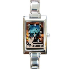 Music, Piano With Birds And Butterflies Rectangle Italian Charm Watch