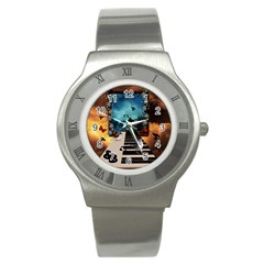 Music, Piano With Birds And Butterflies Stainless Steel Watch