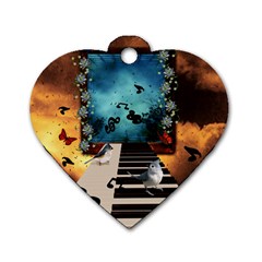 Music, Piano With Birds And Butterflies Dog Tag Heart (One Side)