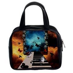 Music, Piano With Birds And Butterflies Classic Handbags (2 Sides)