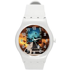 Music, Piano With Birds And Butterflies Round Plastic Sport Watch (M)