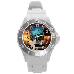 Music, Piano With Birds And Butterflies Round Plastic Sport Watch (L)