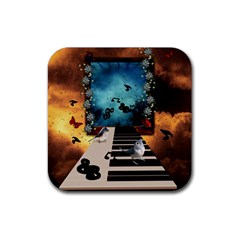 Music, Piano With Birds And Butterflies Rubber Coaster (Square) 