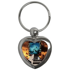 Music, Piano With Birds And Butterflies Key Chains (Heart) 