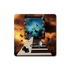 Music, Piano With Birds And Butterflies Square Magnet