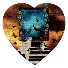 Music, Piano With Birds And Butterflies Jigsaw Puzzle (heart) by FantasyWorld7