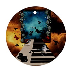 Music, Piano With Birds And Butterflies Round Ornament (Two Sides)