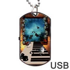 Music, Piano With Birds And Butterflies Dog Tag USB Flash (One Side)