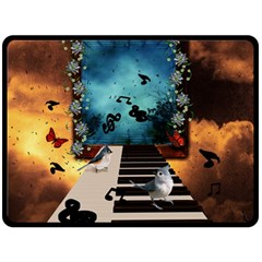 Music, Piano With Birds And Butterflies Double Sided Fleece Blanket (Large) 