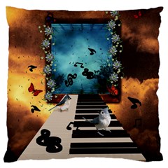 Music, Piano With Birds And Butterflies Large Flano Cushion Case (One Side)