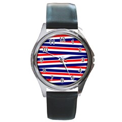 Red White Blue Patriotic Ribbons Round Metal Watch by Celenk