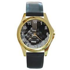 Fractal Render Cube Cubic Shape Round Gold Metal Watch by Celenk