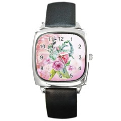 Flowers And Leaves In Soft Purple Colors Square Metal Watch by FantasyWorld7