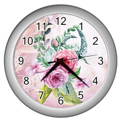 Flowers And Leaves In Soft Purple Colors Wall Clocks (silver)  by FantasyWorld7